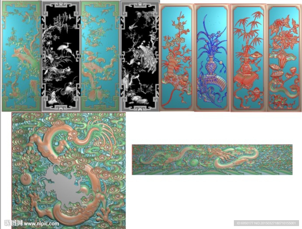 梅兰竹菊花瓶书柜精雕灰度