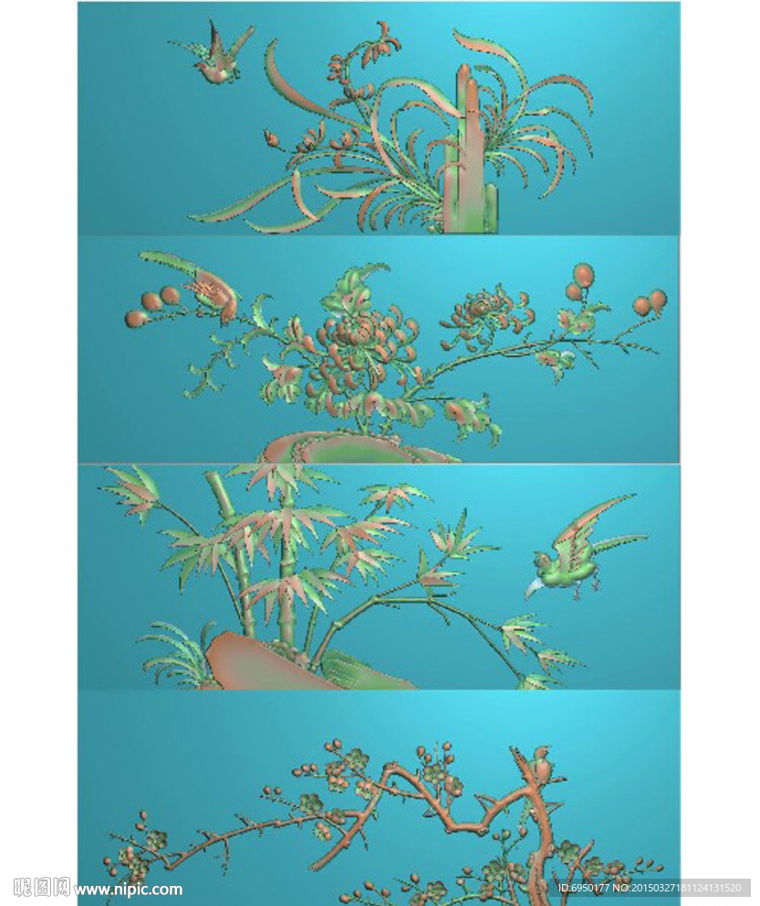 梅兰竹菊四季花鸟精雕灰度