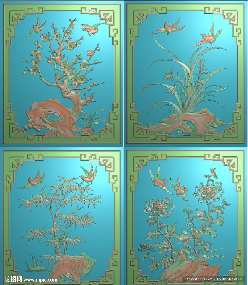 梅兰竹菊四季花鸟精雕灰度图