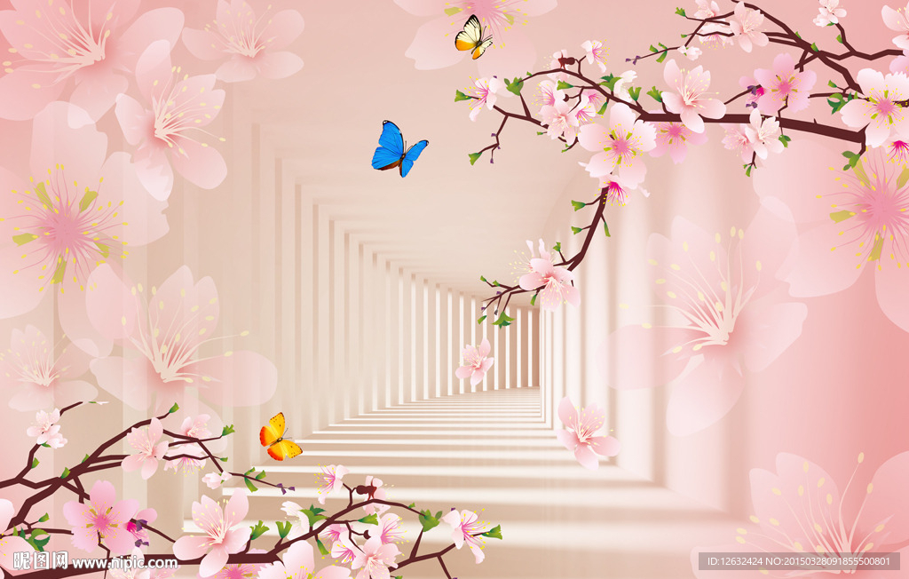 3D桃花朵朵开电视背景墙