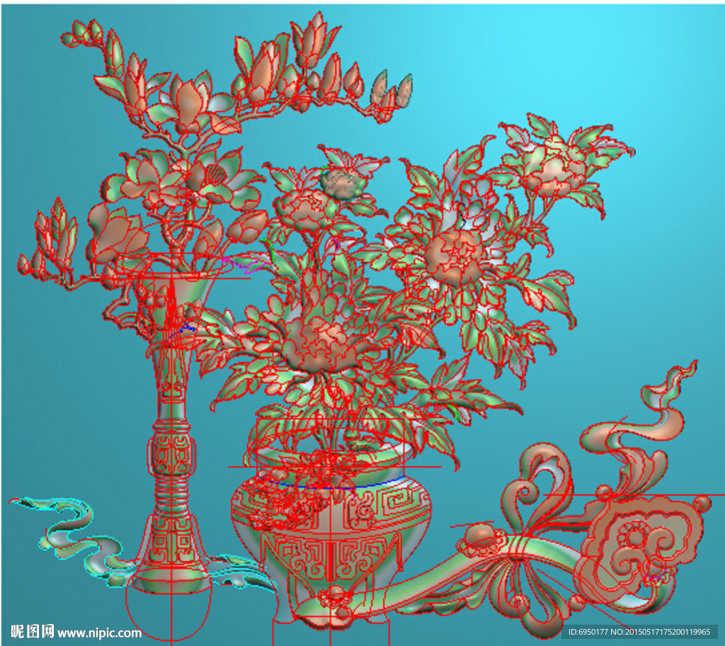 博古春牡丹花瓶精雕图灰度图浮雕