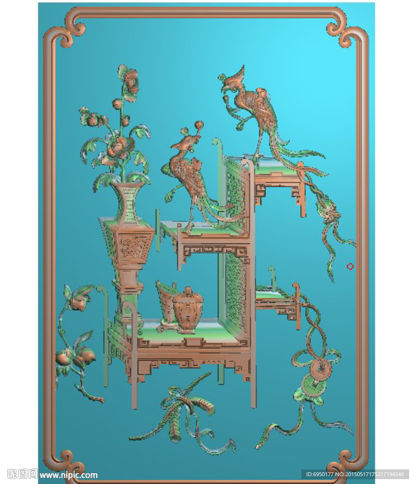 博古凤凰背板精雕图浮雕图灰度图