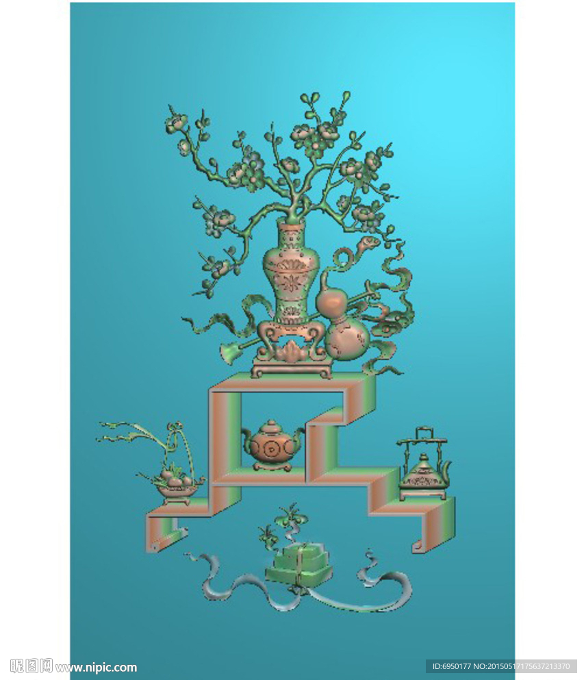 博古花瓶梅花精雕图灰度图浮雕