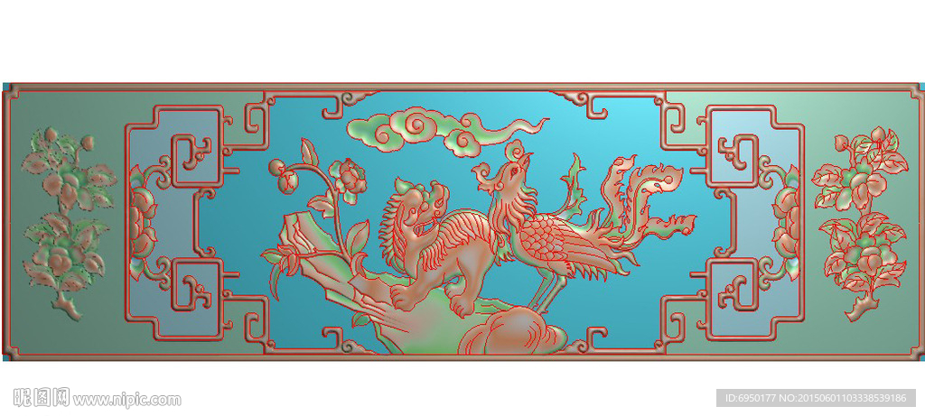 棉地动物狮子凤凰精雕图灰度浮雕