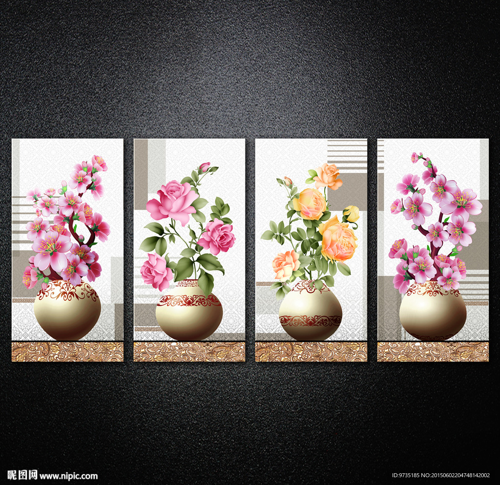 时尚玫瑰樱花花瓶插花无框画