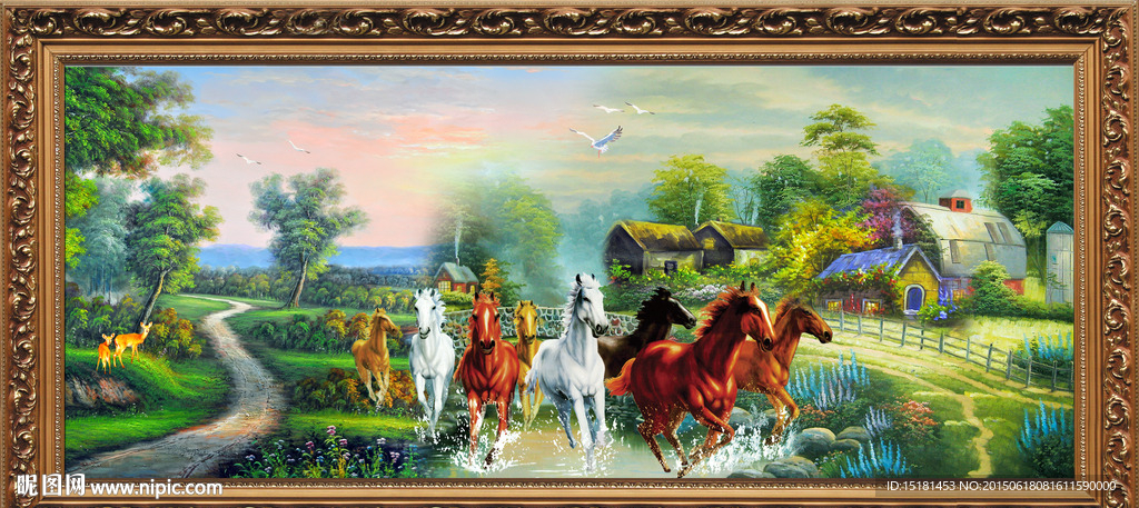 油画风景八骏图