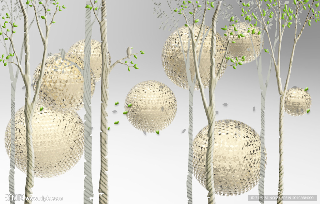 3D抽象树 金色球 树木