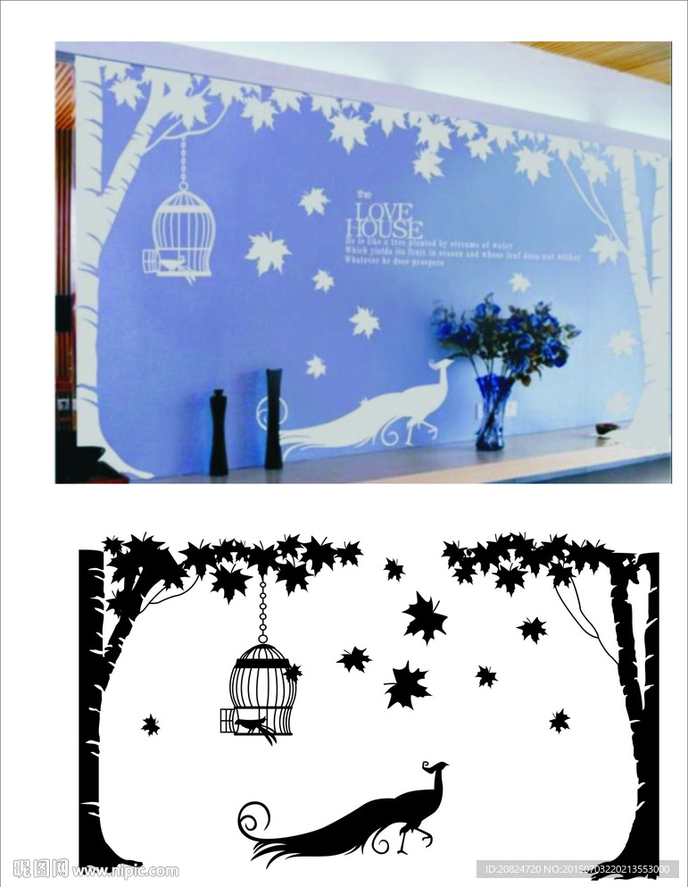 孔雀树背景墙贴矢量图