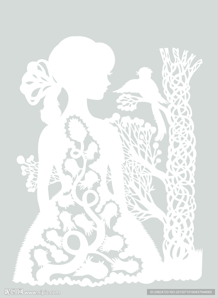 女孩小鸟矢量雕刻图