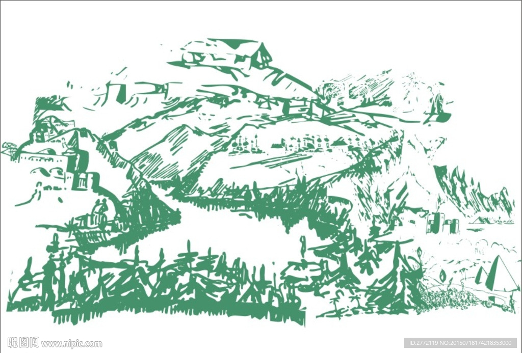 高山树林景致 白描画