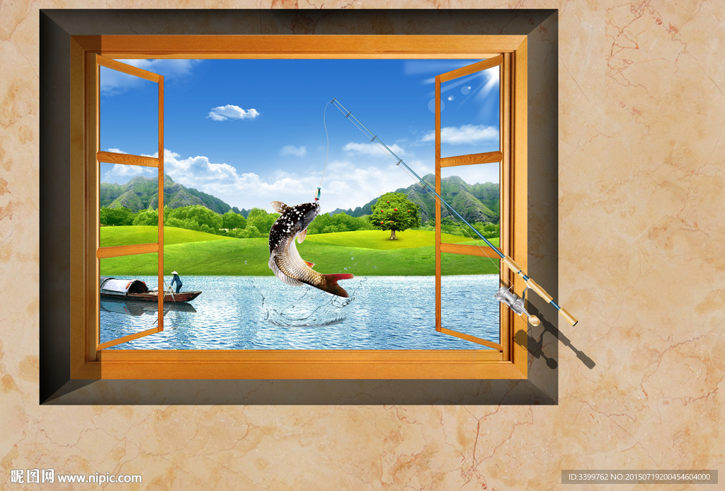 窗户边上钓鱼3D画