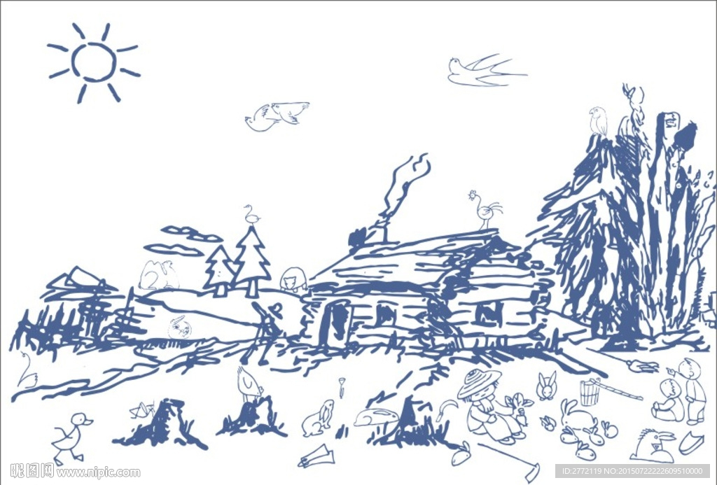 郊外小屋喂养动物 线条画