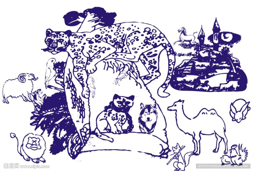 树木动物山林 线条画