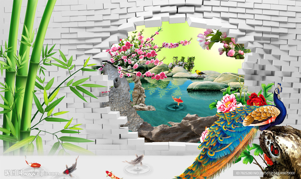 3D壁画 百鸟朝凤 孔雀花鸟图