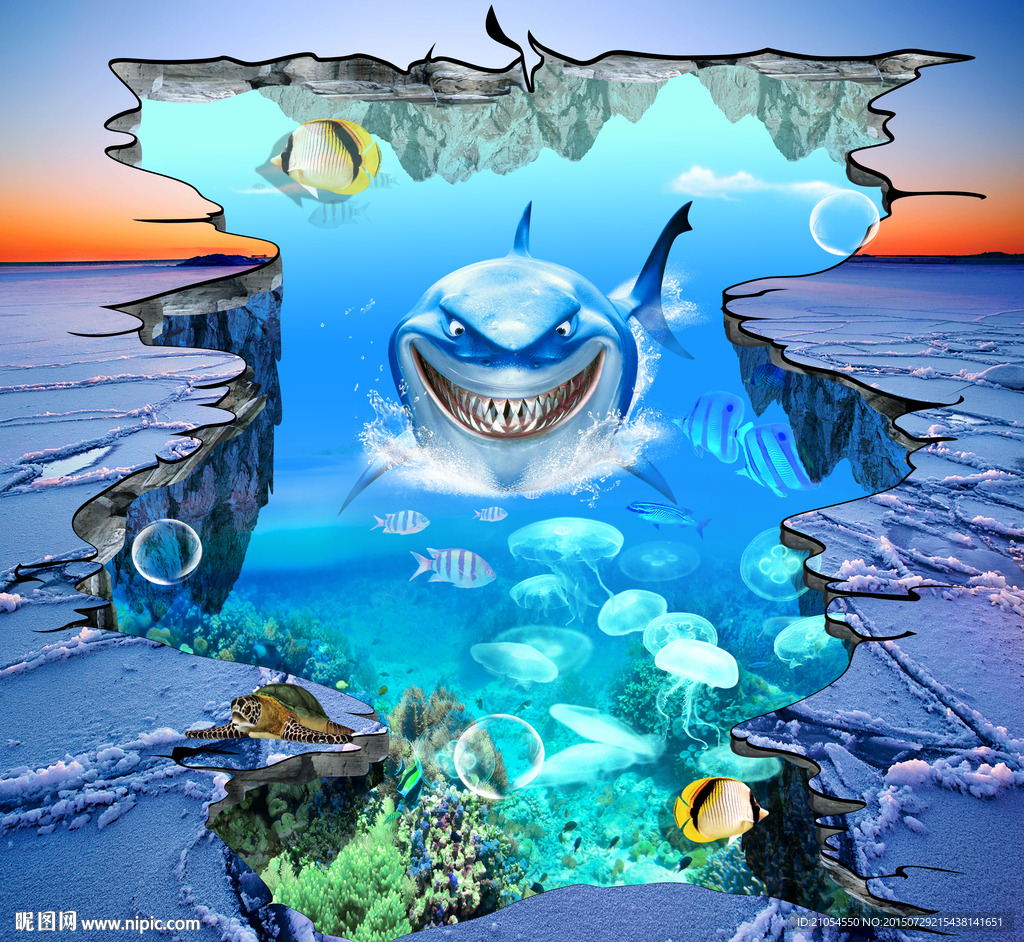 3D鲨鱼地板背景墙