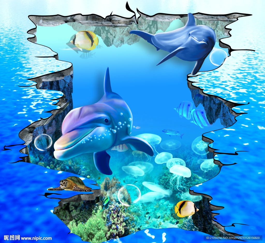 3D海豚地板背景墙