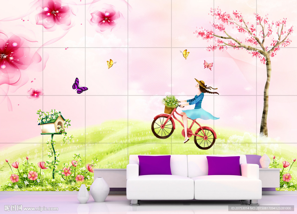 梦幻时尚卡通花朵电视背景墙