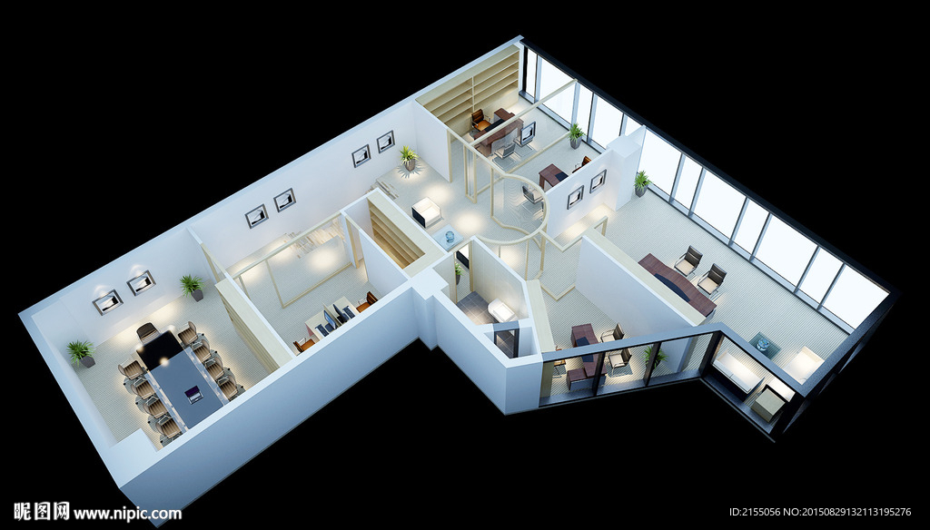 100平米办公室鸟瞰室内效果图