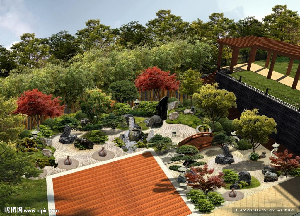 日式枯山水庭院园林景观鸟瞰效果