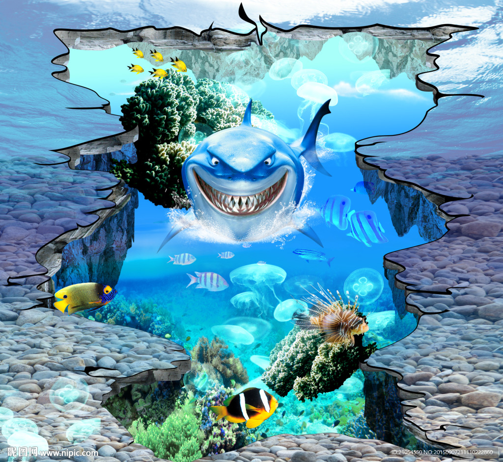 3D鲨鱼地板电视背景墙