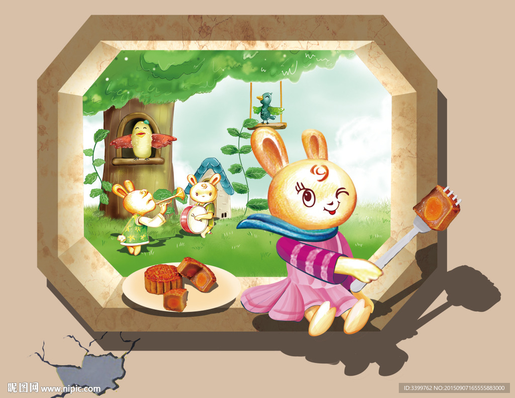 小白兔送月饼3D立体画