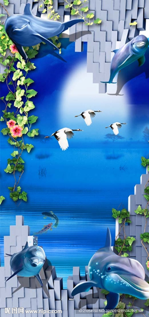 3D海豚玄关电视背景墙