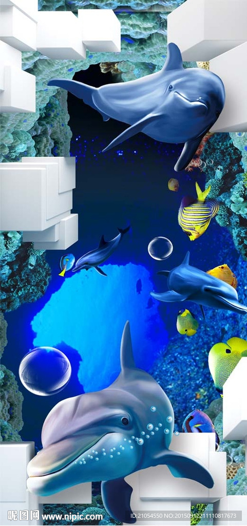 3D海豚玄关背景墙
