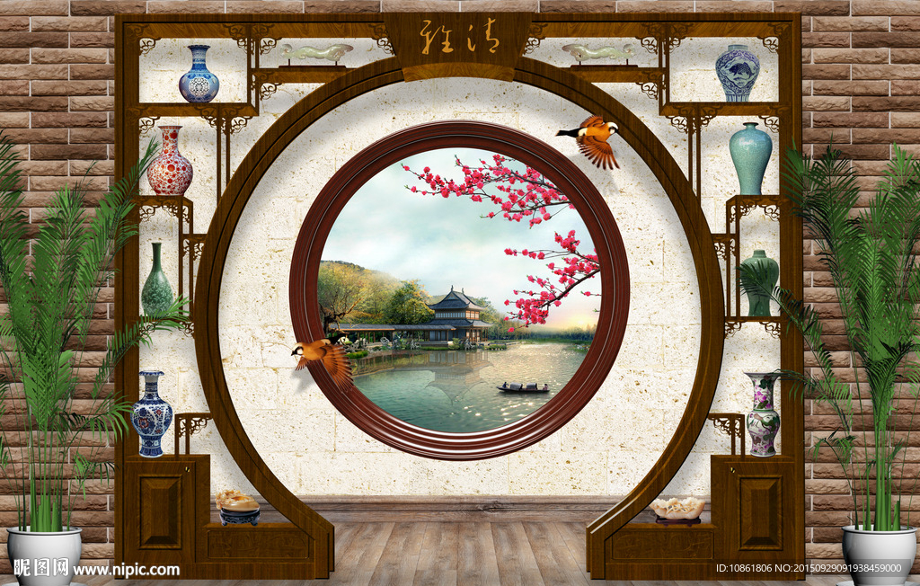中国风3d圆窗风景中式园林电视