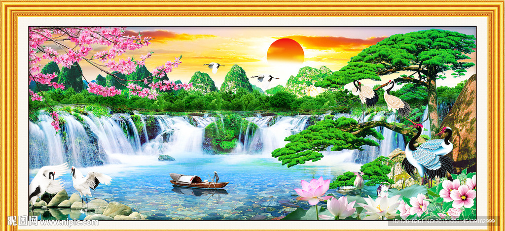 迎客松 流水生财 松鹤延年