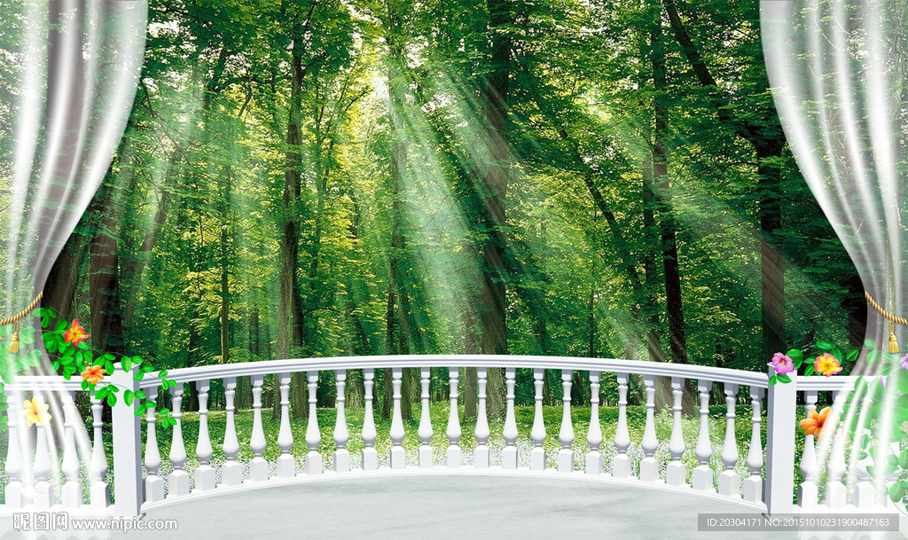 3D立体窗外自然风景绿色树林