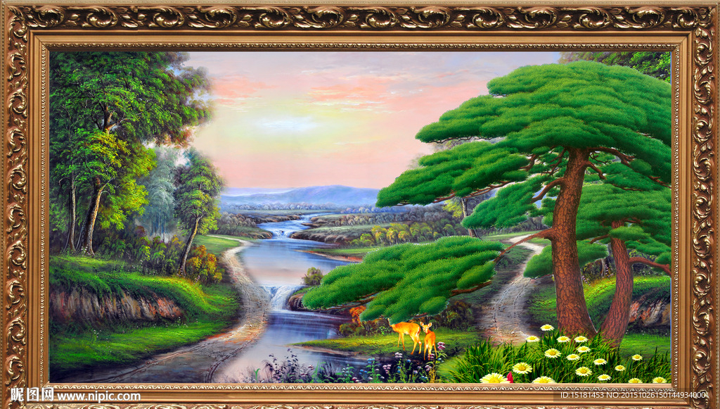 油画风景迎客松