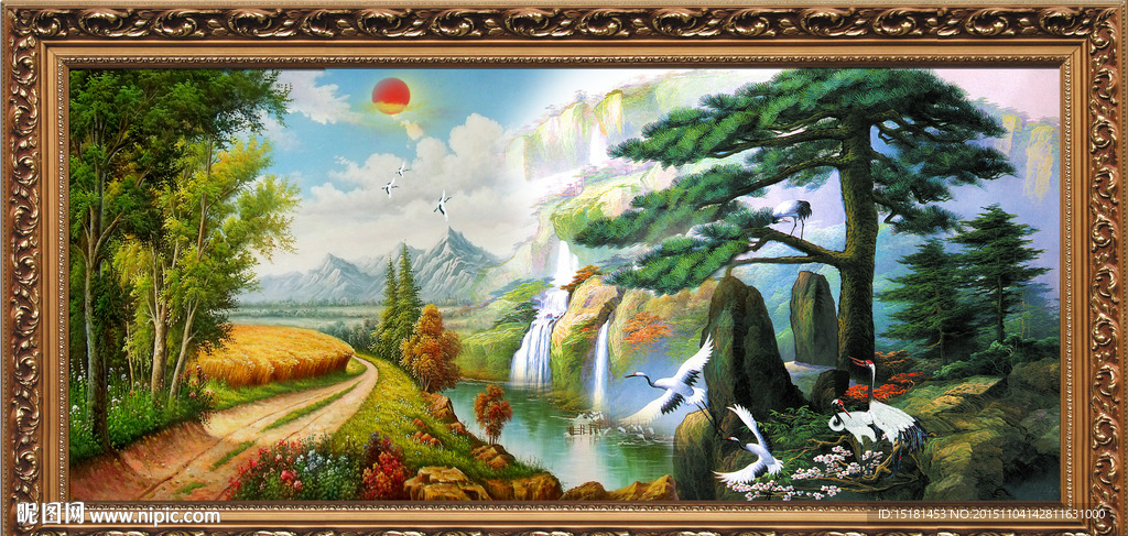 油画风景迎客松