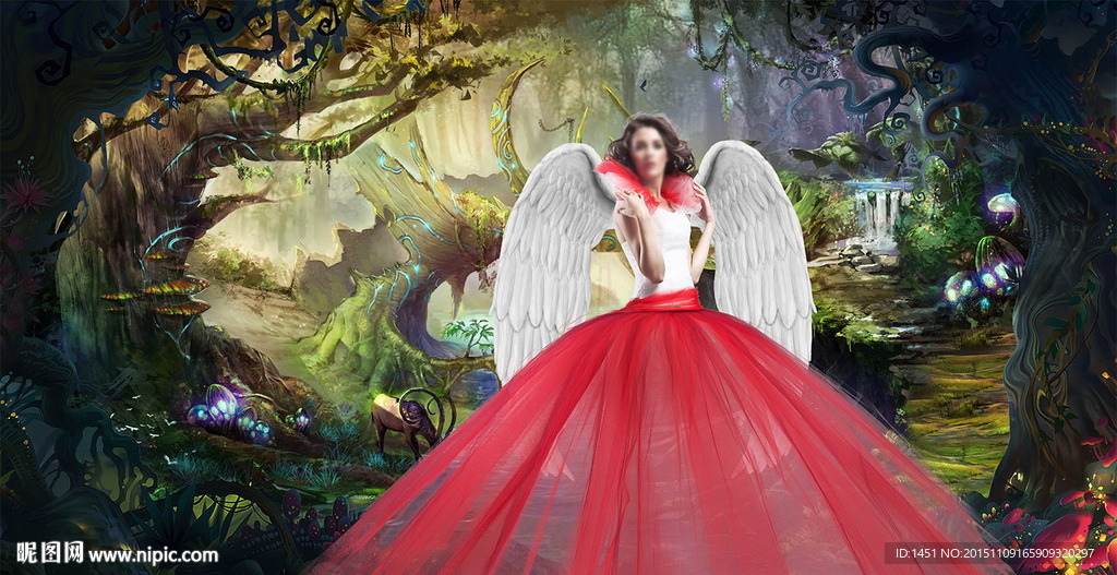 森林红裙天使女神写真模版