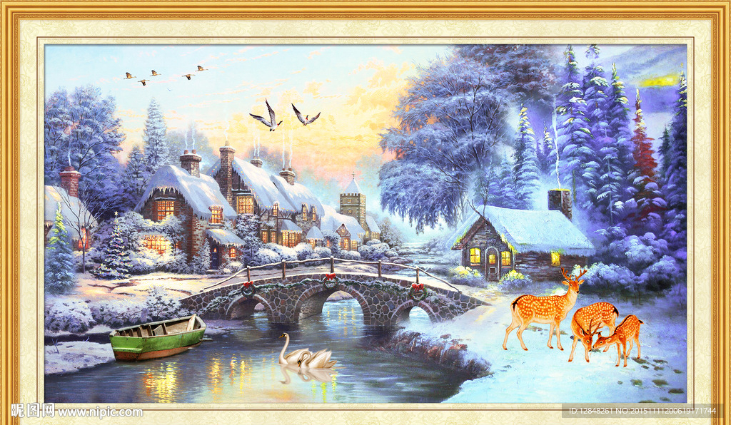 悠然小居 雪景油画