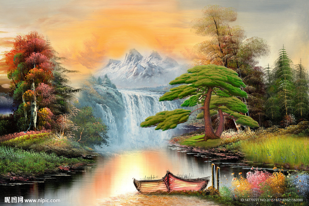 油画风景迎客松