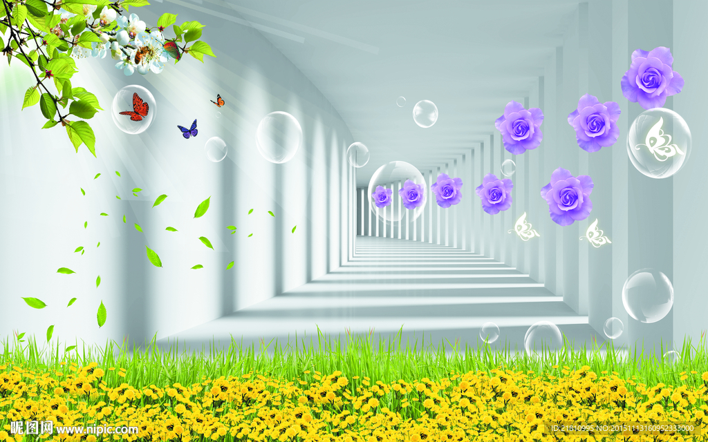 3D走廊花草玫瑰分层图片
