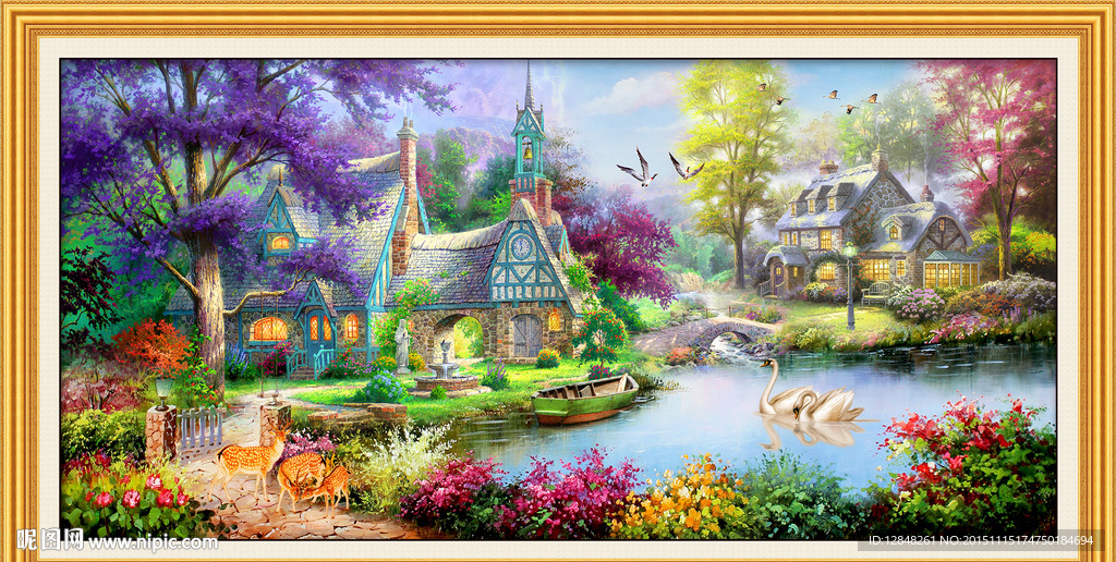 悠然小居 风景 油画