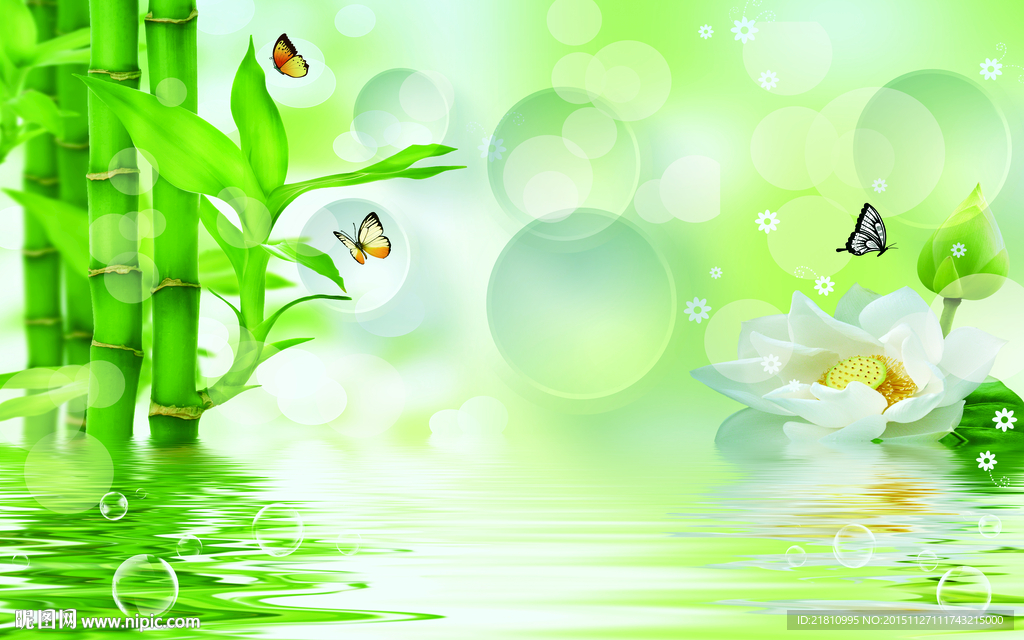 3D竹子荷花背景墙分层图片