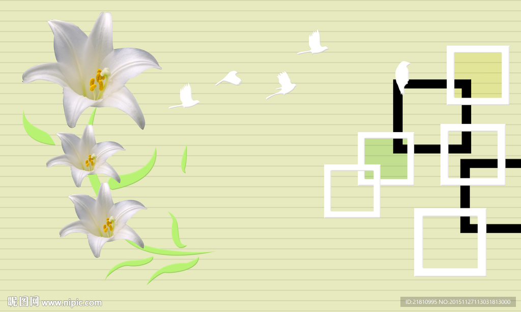3D方格百合花小鸟分层图片