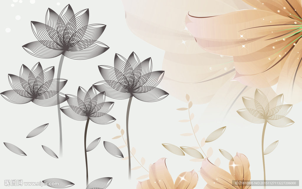 梦幻荷花百合线条背景墙分层图片