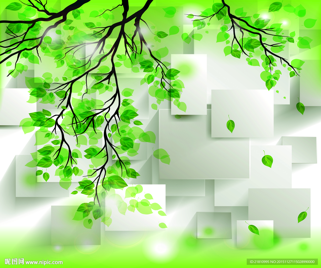 3D方格绿叶分层图片