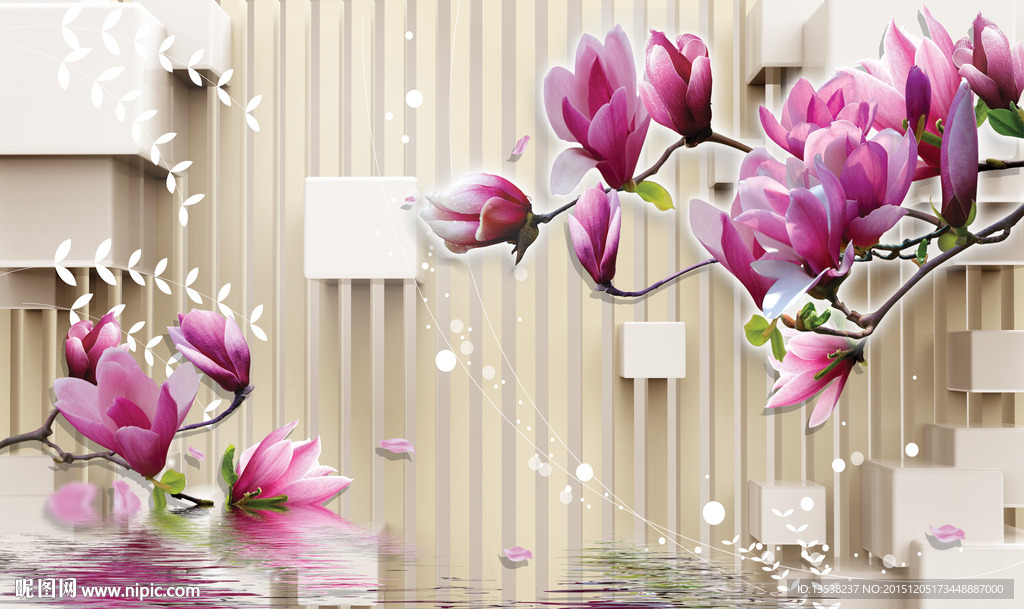 玉兰倒影3D壁画背景墙