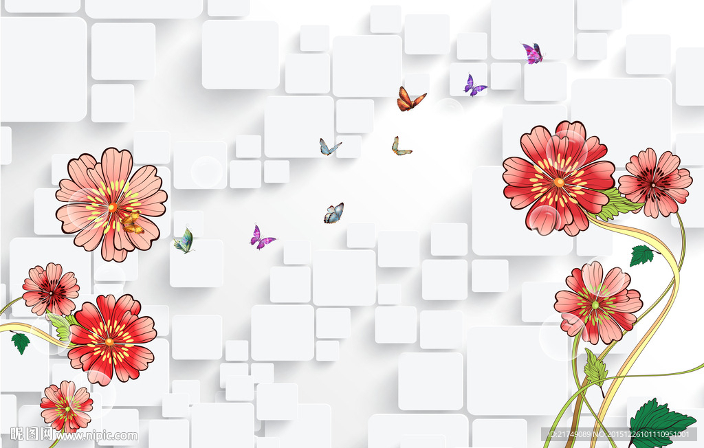 3D手绘橘色花电视背景墙