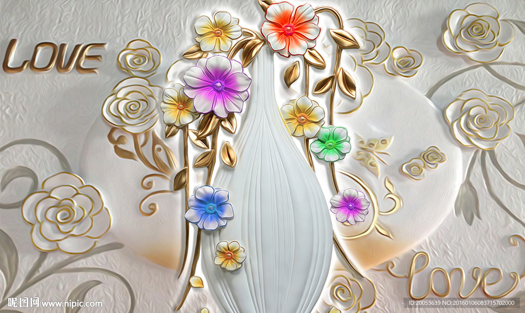 3d浮雕花瓶花朵电视背景墙