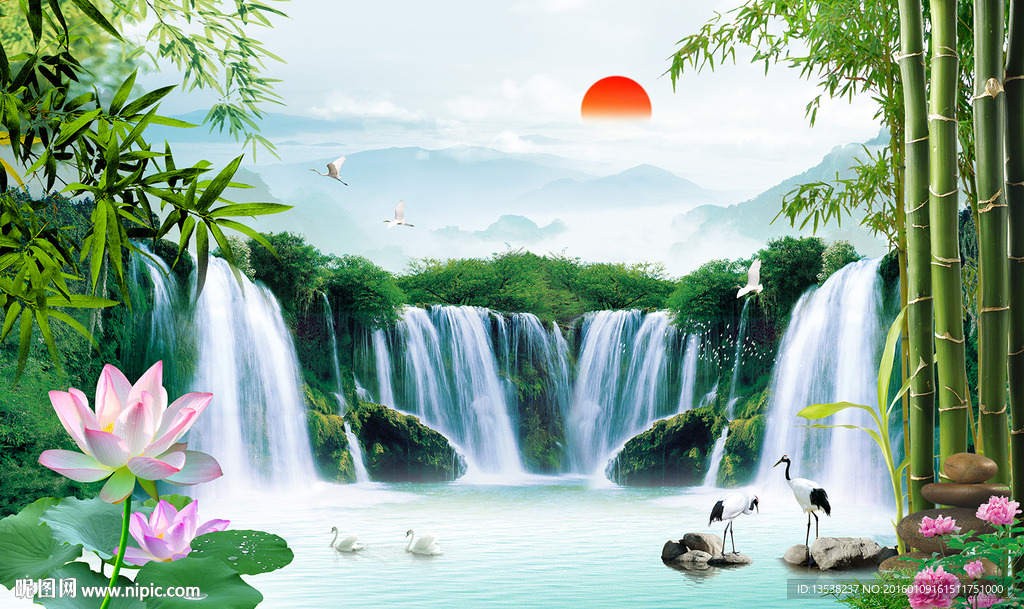 大型壁画流水生财背景墙