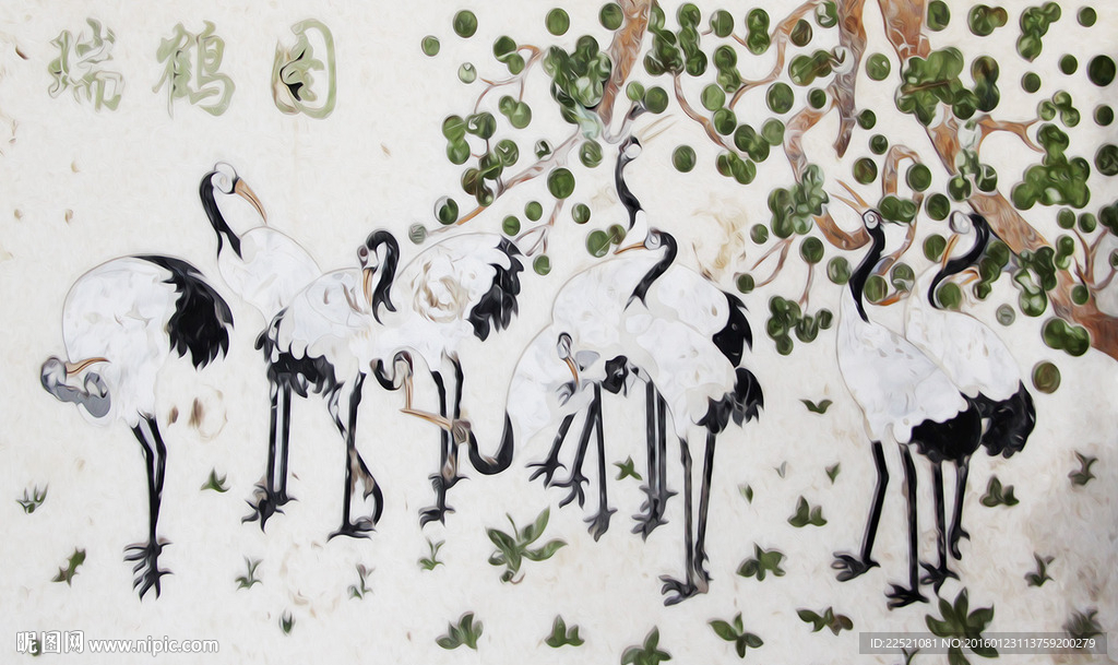 大型壁画 玉雕背景 仙鹤 3D