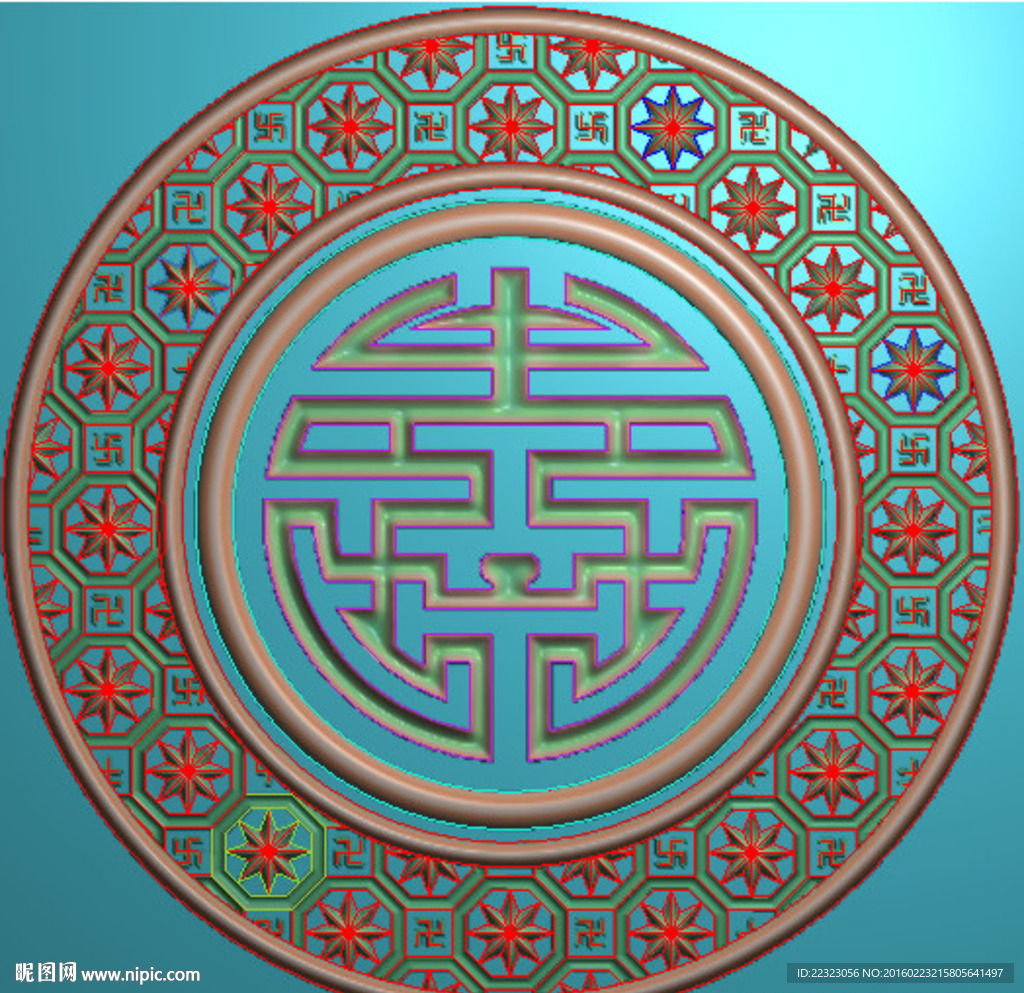 圆形洋花福寿图挂屏精雕浮雕灰度