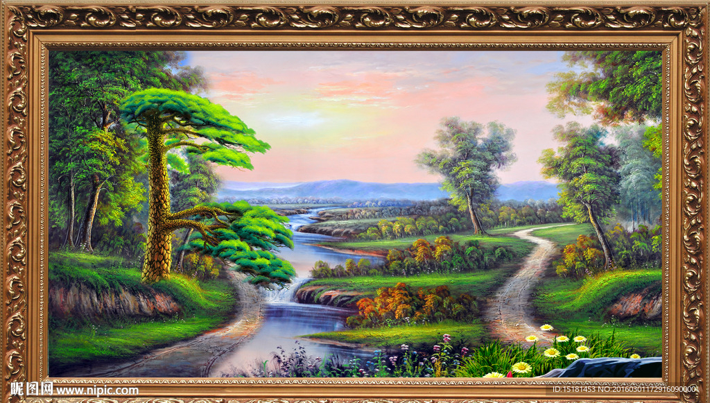 油画风景迎客松