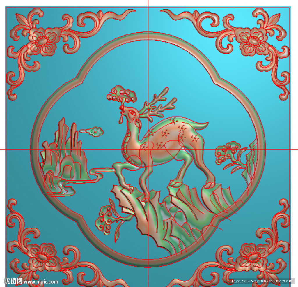 山水梅花鹿洋花角花背板精雕浮雕