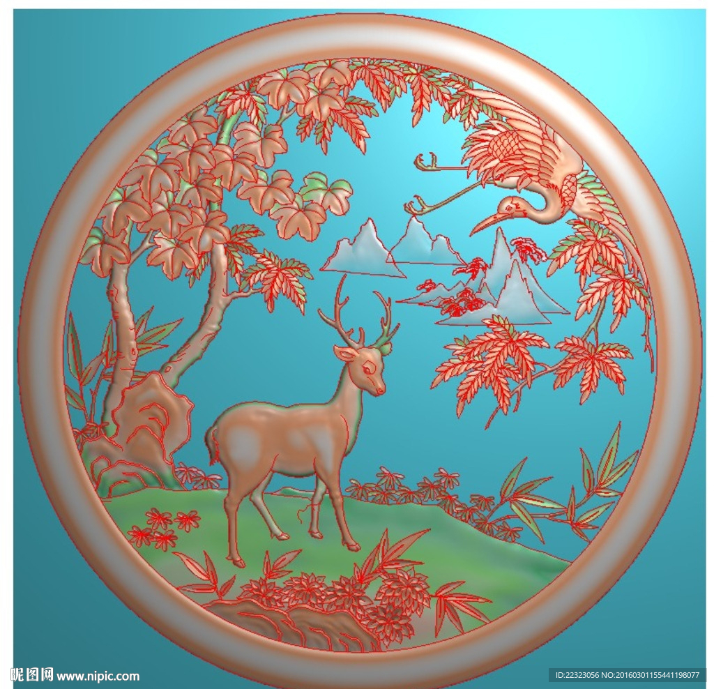 圆形仙鹤梅花鹿鹤鹿同春精雕灰度